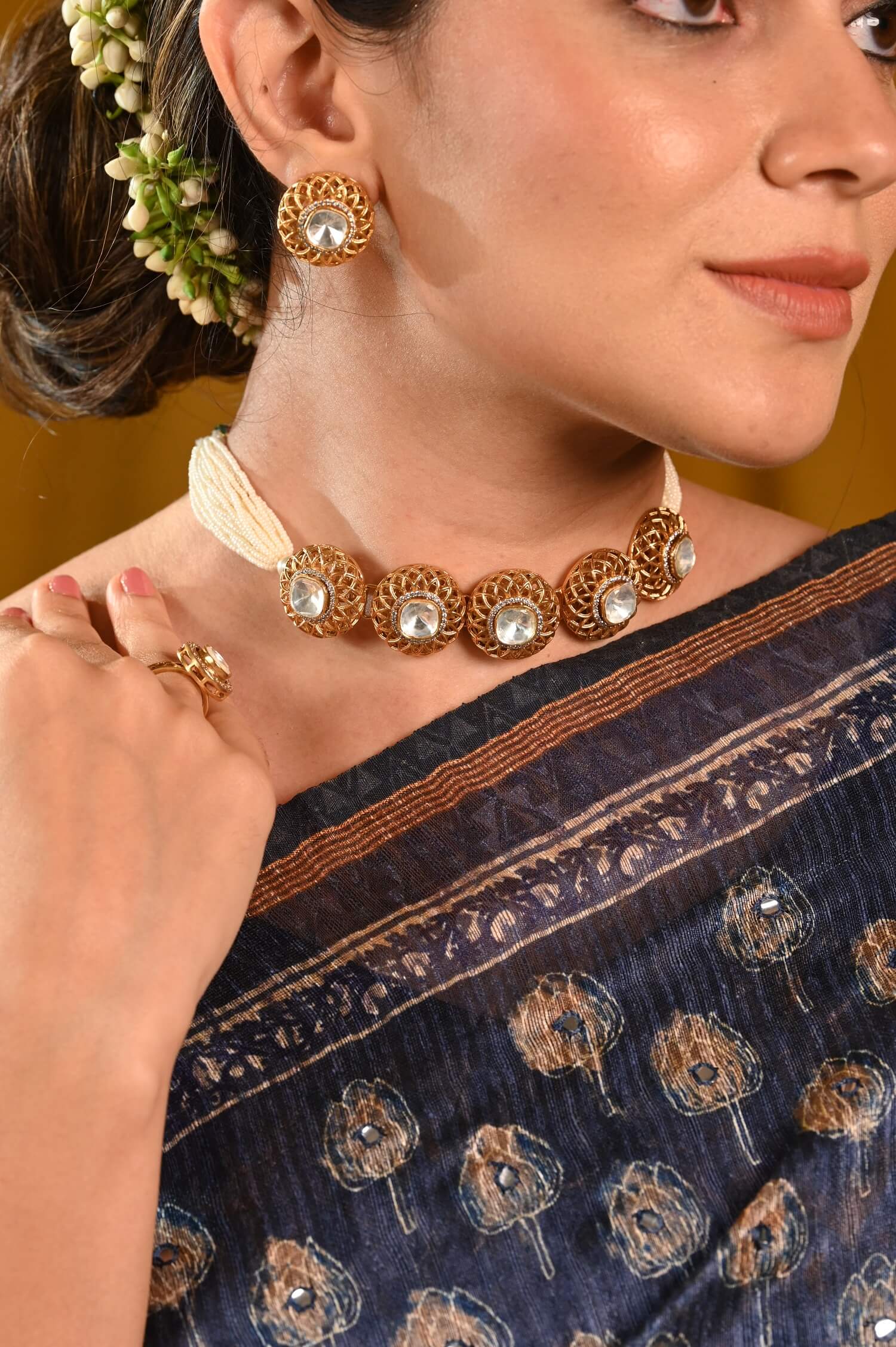 Faux Polki Kundan Necklace & Earrings Surrounded By Cubic Zirconia With Adjustable Pearls